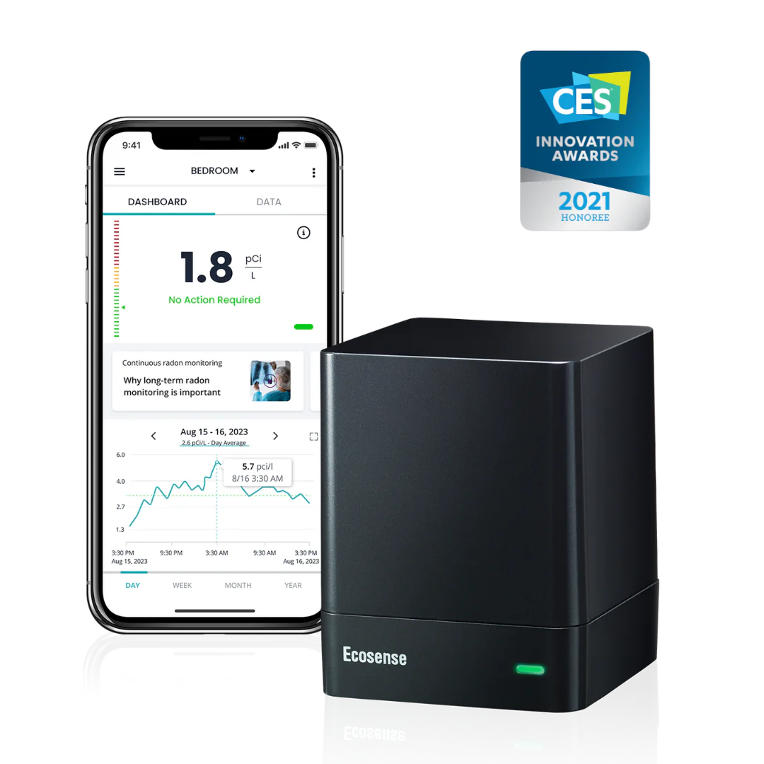 Radon measurement device with mobile app interface and CES Innovation Awards badge
