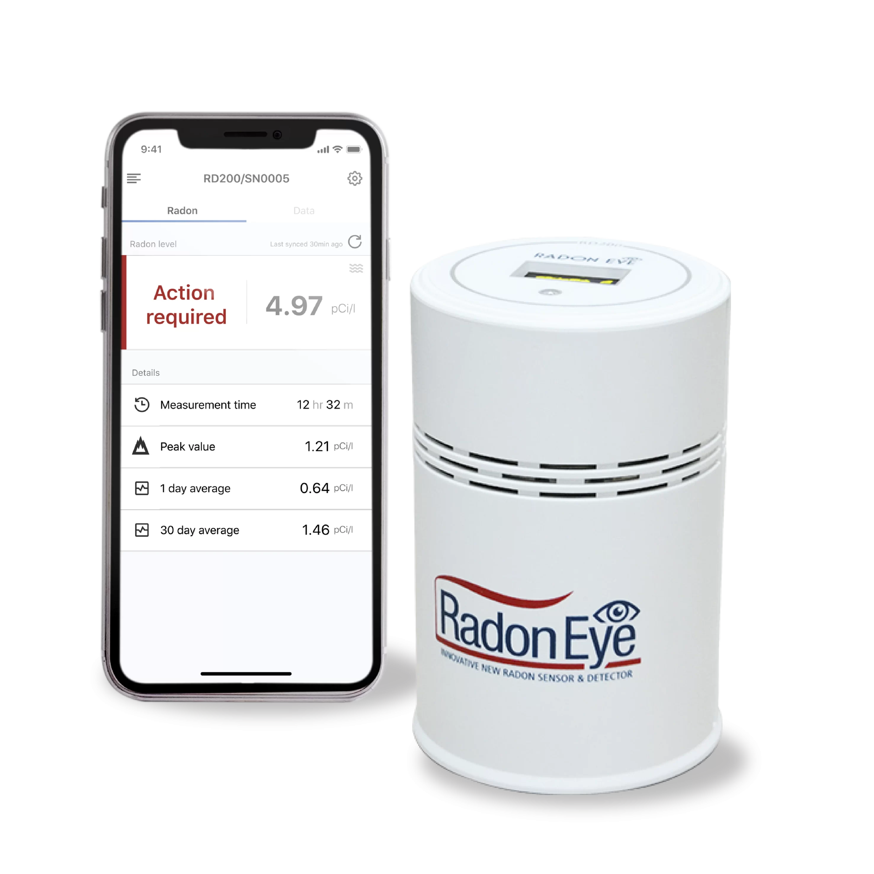 RadonEye radon measurement device displaying radon levels with mobile app
